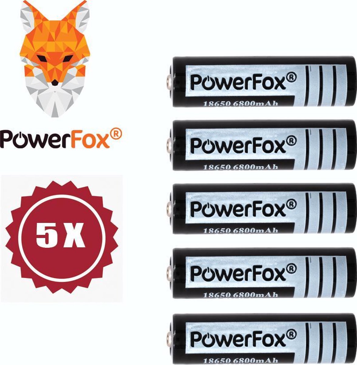 PowerFox® 5x 18650 Lithium batterij 3,7V 6800mAh oplaadbare batterij zwart
