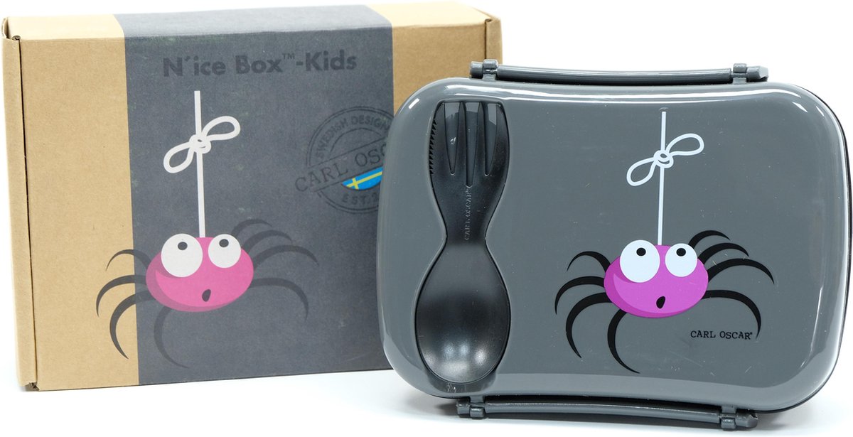Carl Oscar N'ice Box - Lunch box met koelelement voor kinderen - grijs - spinnetje - 17 x 12.5 x 6.3 cm