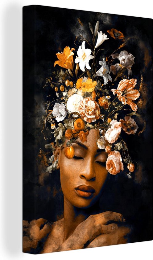Canvas Schilderij Bloemen - Vrouw - Goud - 60x90 cm - Wanddecoratie | bol
