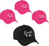 Vrijgezellenfeest dames petjes sierlijk - 1x Bride to Be zwart + 5x Bride Squad roze - Vrijgezellen vrouw accessoires/ artikelen