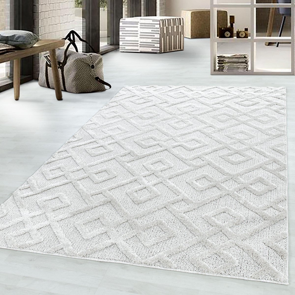 Ayyildiz Hoogpolig vloerkleed, geometrisch patroon, crèmekleur, woonkamerkleed, jute achterkant, afmeting: 60 x 110 cm