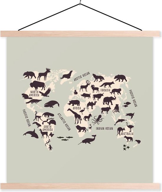 Wereldkaart Enfants - Animaux - Beige - 60x60 cm - Affiche scolaire