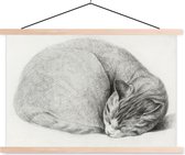 Posterhanger incl. Poster - Schoolplaat - Opgerolde liggende slapende kat - schilderij van Jean Bernard - 150x100 cm - Blanke latten
