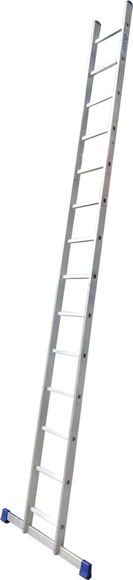 Aluminium enkele ladder met 14 treden en blauwe antislipvoeten.
