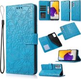 Voor Samsung Galaxy A72 5G/4G Huid Voelen Reliëf Zonnebloem Horizontale Flip Lederen Case met Houder & Kaartsleuven & Portemonnee & Lanyard (Blauw)