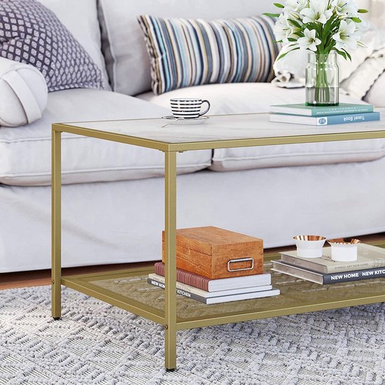 COSTWAY Salontafel van bamboe, woonkamertafel met glazen