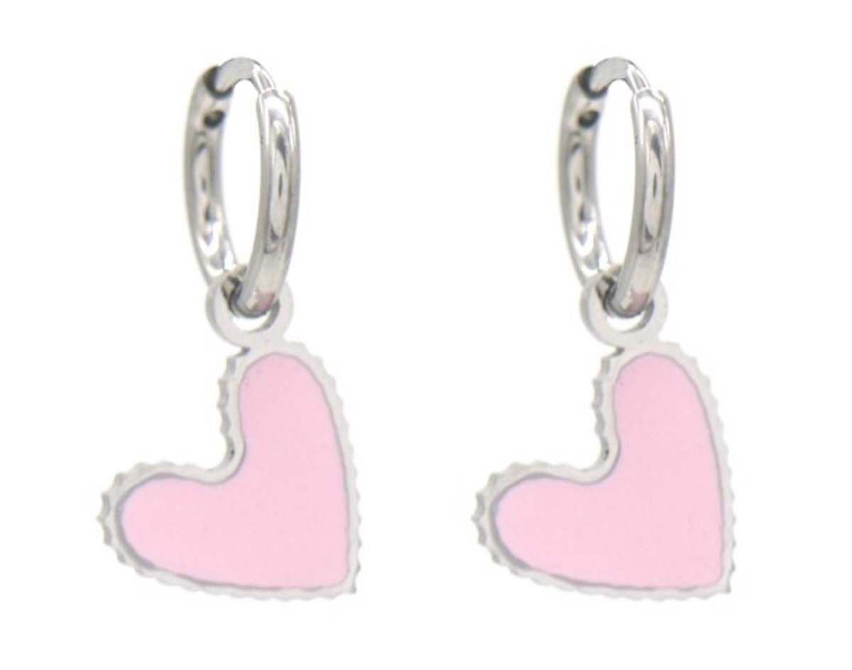 Oorbellen - Stainless steel - Hartjes hangertjes roze - Zilverkleurig - Inclusief sieraden kaartje - Damesdingetjes
