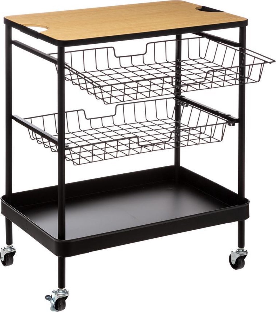 Five® Metalen trolley met houten blad - 169203 - Uitschuifbaar & Verrijdbaar