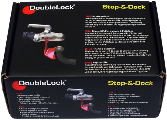 Verpakking van de DoubleLock Stop & Dock met productinformatie in het Nederlands, Engels en Duits.