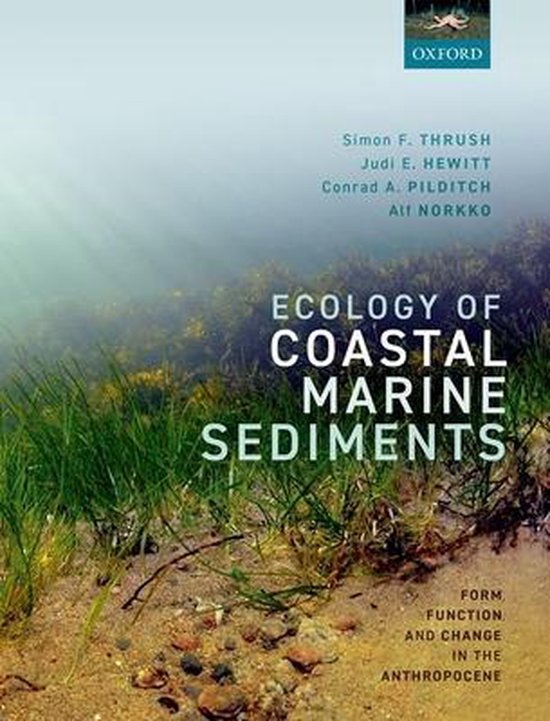 Couverture de livre avec le titre 'Ecology of Coastal Marine Sediments' et les noms des auteurs sur une photo sous-marine d'algues vertes et de sable.
