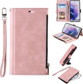 Voor Samsung Galaxy S21 + 5G Side Zipper Back Card Horizontale Flip PU Leather Case met Kaartsleuven & Portemonnee & Fotolijst & Lanyard (Roze)