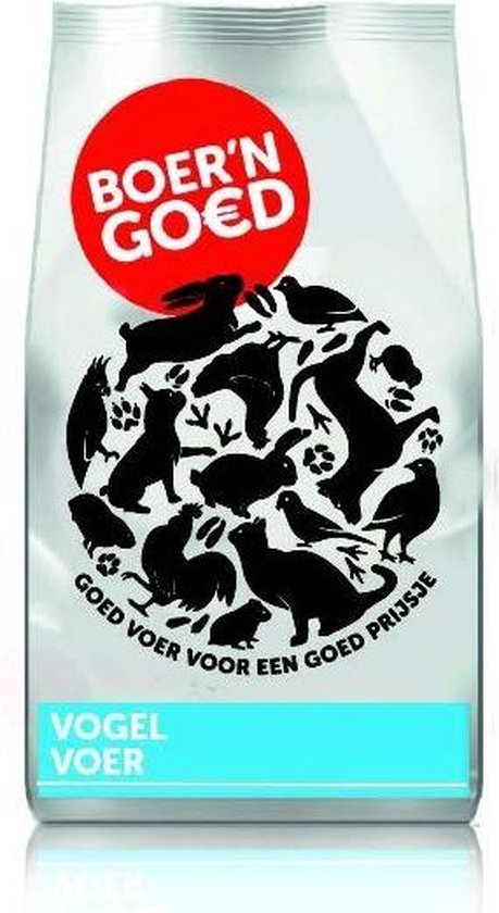 Zak vogelvoer met "BOER'N GOED" logo in rood. Bevat diverse dierenillustraties.