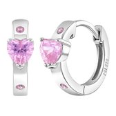Joy|S - Zilveren oorringen met hartje en 2 ronde zirkonia's roze - 12 mm - ISJ luxury collection