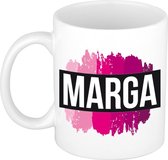 Marga  naam cadeau mok / beker met roze verfstrepen - Cadeau collega/ moederdag/ verjaardag of als persoonlijke mok werknemers