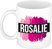 Rosalie  naam cadeau mok / beker met roze verfstrepen - Cadeau collega/ moederdag/ verjaardag of als persoonlijke mok werknemers