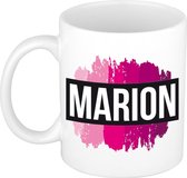 Marion  naam cadeau mok / beker met roze verfstrepen - Cadeau collega/ moederdag/ verjaardag of als persoonlijke mok werknemers