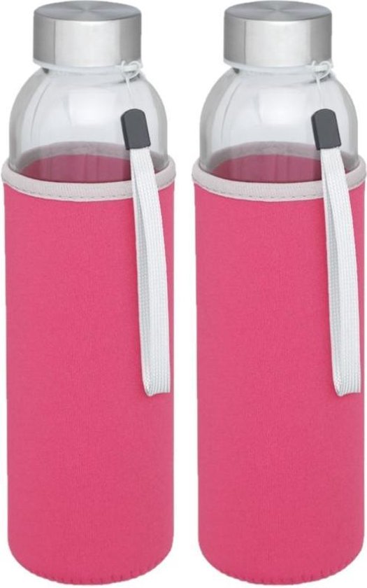 2x stuks glazen waterfles/drinkfles met roze softshell bescherm hoes 500 ml - Sportfles - Bidon