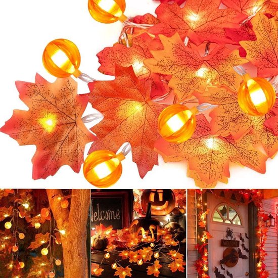 Esdoornbladeren | Pompoen | PVC | Herfst decoratie | LED slinger | 3 meter | 20 LEDS | Herfst, Halloween, Kerstmis | Binnen en Buiten | Waterdicht