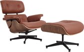 Lounge Chair met Ottoman - Design fauteuil - Walnoot - echt cognac 037 leder