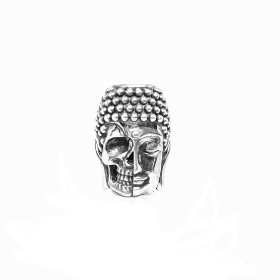 925 Sterling Silver Bead , Zilveren 3D Skull / Buddha Bedel ( Spacer ) van 12 gram Zilver , Hoogte van de Boeddha / Doodskop is 20mm met een Rijgoog van 6mm opening .