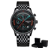 Nibosi ® - Quartz Heren Horloge - 42Ømm – Zwart – RVS band – horloge geschenkset
