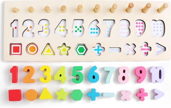 Thumbnail van een extra afbeelding van het spel 3-in-1 Houten Nummer Puzzel & Houten Getallen Puzzel & Rekenpuzzel - Rekenen & Kleuren & Vormen & Nummer & Vormenpuzzel - Tellen en stapelen - Wooden Blocks - Montessori Toys - Ik Leer Cijfers - Montessori speelgoed | Smartgames voor kinderen