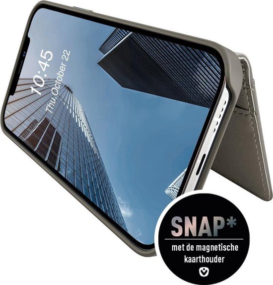 Étui de téléphone gris à fermeture magnétique, ouvert sur un téléphone affichant '10:45 Jeu, 22 octobre'.