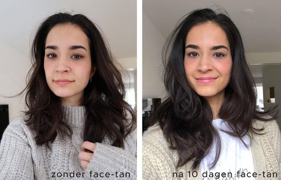 Vrouw met donker haar in een grijze trui, vergelijking voor en na 10 dagen face tan.