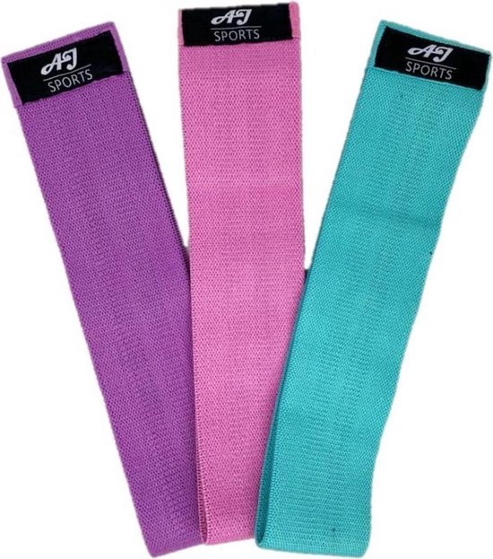 AJ-Sports Weerstandsbanden - Booty Band - Resistance band - Fitness elastiek - Paars/Roze/Cyaan - set van 3 - Fitness - Inclusief handleiding en draagtas