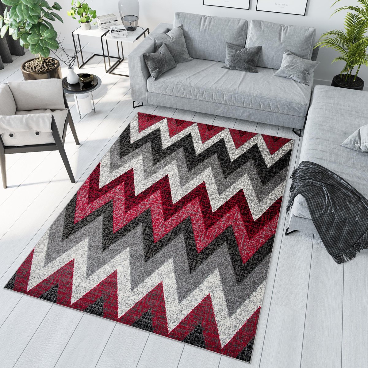 Tapiso Jawa Vloerkleed Grijs Rood Modern Zigzag Laagpolig Tapijt Maat- 240x330