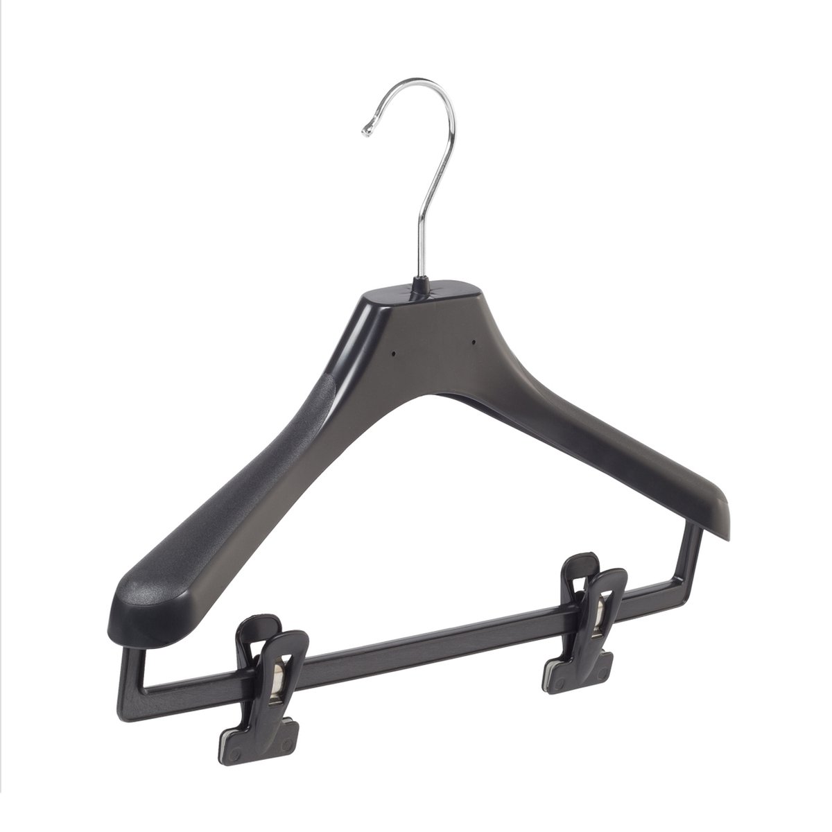De Kledinghanger Gigant - 10 x Mantelhanger / kostuumhanger / kinderhanger kunststof zwart met schouderverbreding en anti-slip knijpers, 36 cm