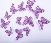 Cake topper decoratie vlinders of muur decoratie met plakkers 12 stuks paars - 3D vlinders - VL-03