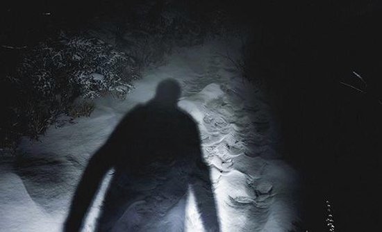 Een schaduw van een grote man die door de sneeuw loopt, verlicht door een lamp.