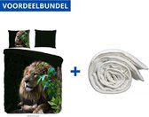 Luxe Dekbedovertrek Eenpersoons - 140x200/220cm - Inclusief 1 Kussensloop - 100% Zacht Polyester - Leeuw Groen + Wasbaar Microfiber Dekbed - 140x220cm - Wit