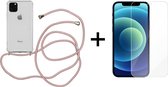 iPhone 12/12 Pro hoesje transparant met rosé koord shock proof case - 1x iPhone 12/12 Pro screenprotector