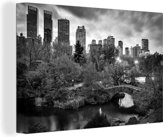 Canvas Schilderij Central Park New York met een wolkenlucht - zwart wit - 30x20 cm - Wanddecoratie