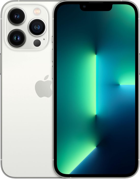 Zilverkleurige iPhone 13 Pro met de achterkant en het display zichtbaar.