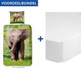 Dekbedovertrek voor Kinderen - Eenpersoons - 140x200/220cm - Inclusief 1 Kussensloop - 100% Versterkt Katoen - Olifant + Zachte Katoenen Hoeslaken - 90x200cm - Wit