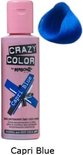 Roze flesje Crazy Color Capri Blue haarverf met kleurstaal.