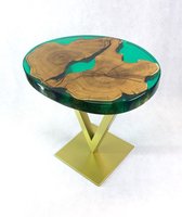 White Raven Epoxy Resin Salontafel - acacia hout - Salontafel Industrieel - Staal - Smaragd groen epoxyhars resin - Vintage Design koffietafel - Woonkamer - 58x49x55cm