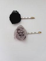 Le Sjalerie zilver haarschuifje zwart Grijs Met Bloem set van twee speldjes haaraccessoire