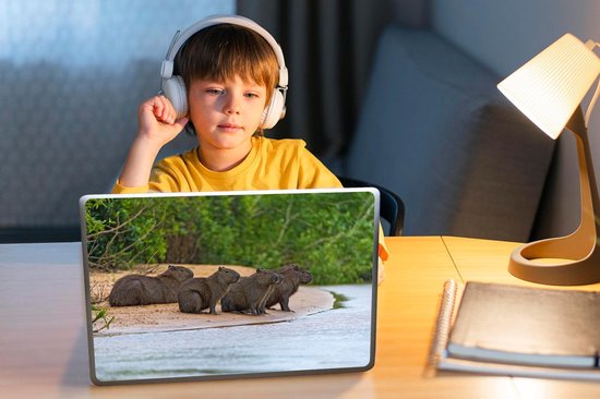 Sticker pour ordinateur portable - 10,1 pouces - Quatre Capybaras assis sur un banc de sable au Pantanal