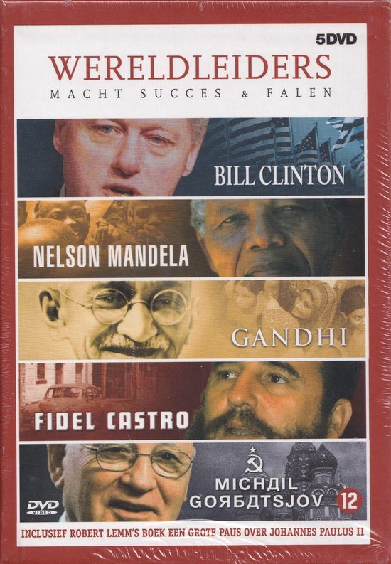 5DVD Wereldleiders boxset met portretten van Bill Clinton, Nelson Mandela, Gandhi, Fidel Castro en Michail Gorbatsjov.