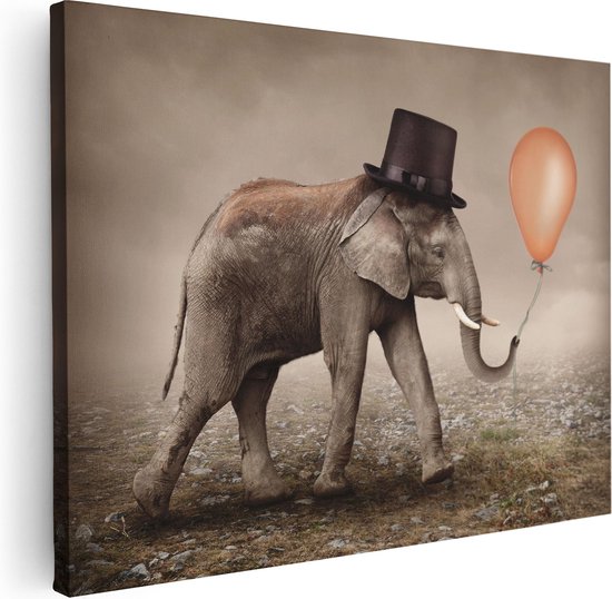 Artaza - Peinture Sur Toile - Éléphant Avec Un Ballon Oranje - Chapeau - 80x60 - Photo Sur Toile - Impression Sur Toile