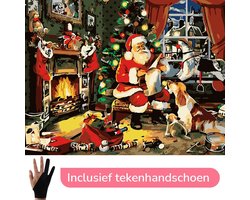 HobbyMania Schilderen Op Nummer Volwassenen Kerst Kerstman - 50x40 cm - Inclusief Tekenhandschoen - Paint By Number Volwassenen - Cadeau - Kerst - Sinterklaas - Kado