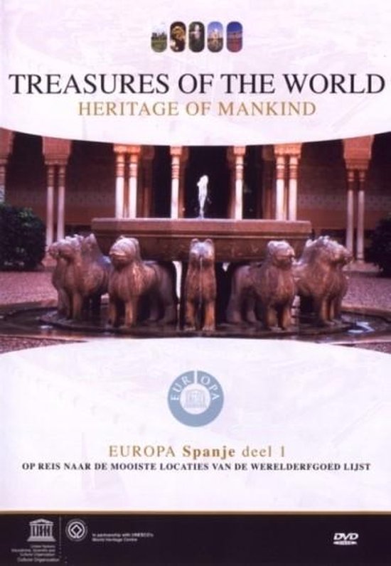 DVD-cover met de titel 'Treasures of the World - Heritage of Mankind' en tekst 'EUROPA Spanje deel 1 - Op reis naar de mooiste locaties van de Werelderfgoed Lijst'.