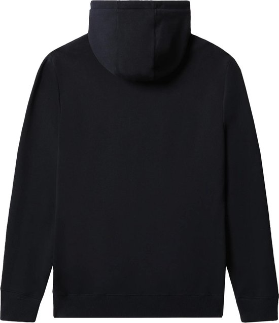 Achterkant van een donkerblauwe hoodie met capuchon.