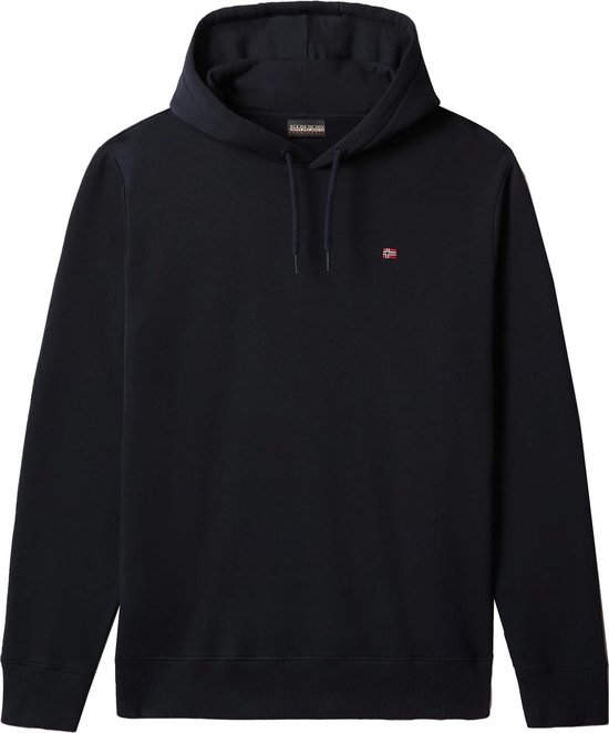 Donkerblauwe Napapijri hoodie voor heren met capuchon, koordjes en een klein Noors vlaglogo op de borst.
