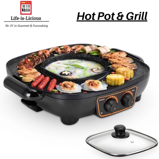 Life-is-Licious Hot-Pot & Grill - Bakplaat - Hot Pot - Grill plaat - Gourmetstel - Korean BBQ - TomYang BBQ - Gourmetten - Shabu - Chinese fondue - Funcooking - Bouillon - Fondue 1- 4 personen - AntI aanbaklaag