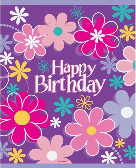 UNIQUE - 8 Happy Birthday bloemen feestzakjes 18 x 23 cm voor cadeaus